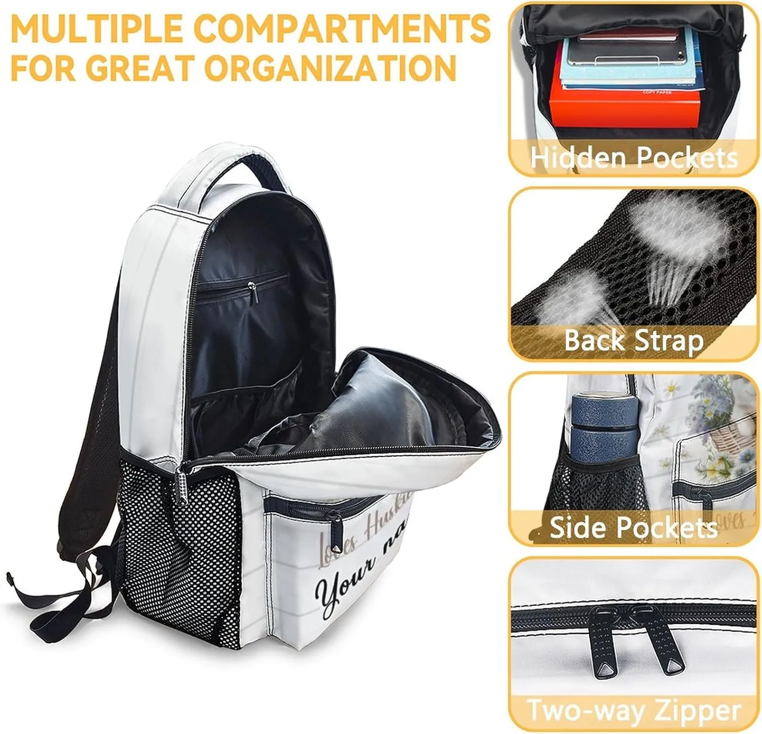 Personalized Husky Backpack for Girls Boys, 16 Inch White Dog Backpacks for School, Cute, Adjustable Straps, Durable, Lightweight, Large Capacity Bookbag for Kids
