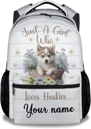 Personalized Husky Backpack for Girls Boys, 16 Inch White Dog Backpacks for School, Cute, Adjustable Straps, Durable, Lightweight, Large Capacity Bookbag for Kids
