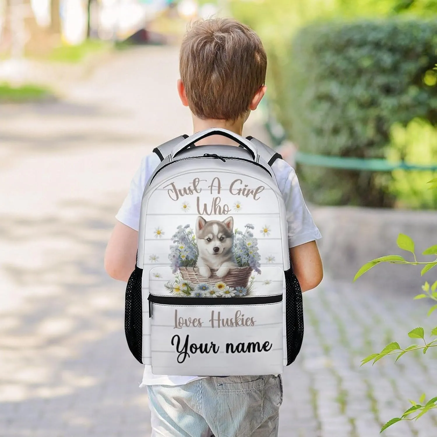Personalized Husky Backpack for Girls Boys, 16 Inch White Dog Backpacks for School, Cute, Adjustable Straps, Durable, Lightweight, Large Capacity Bookbag for Kids