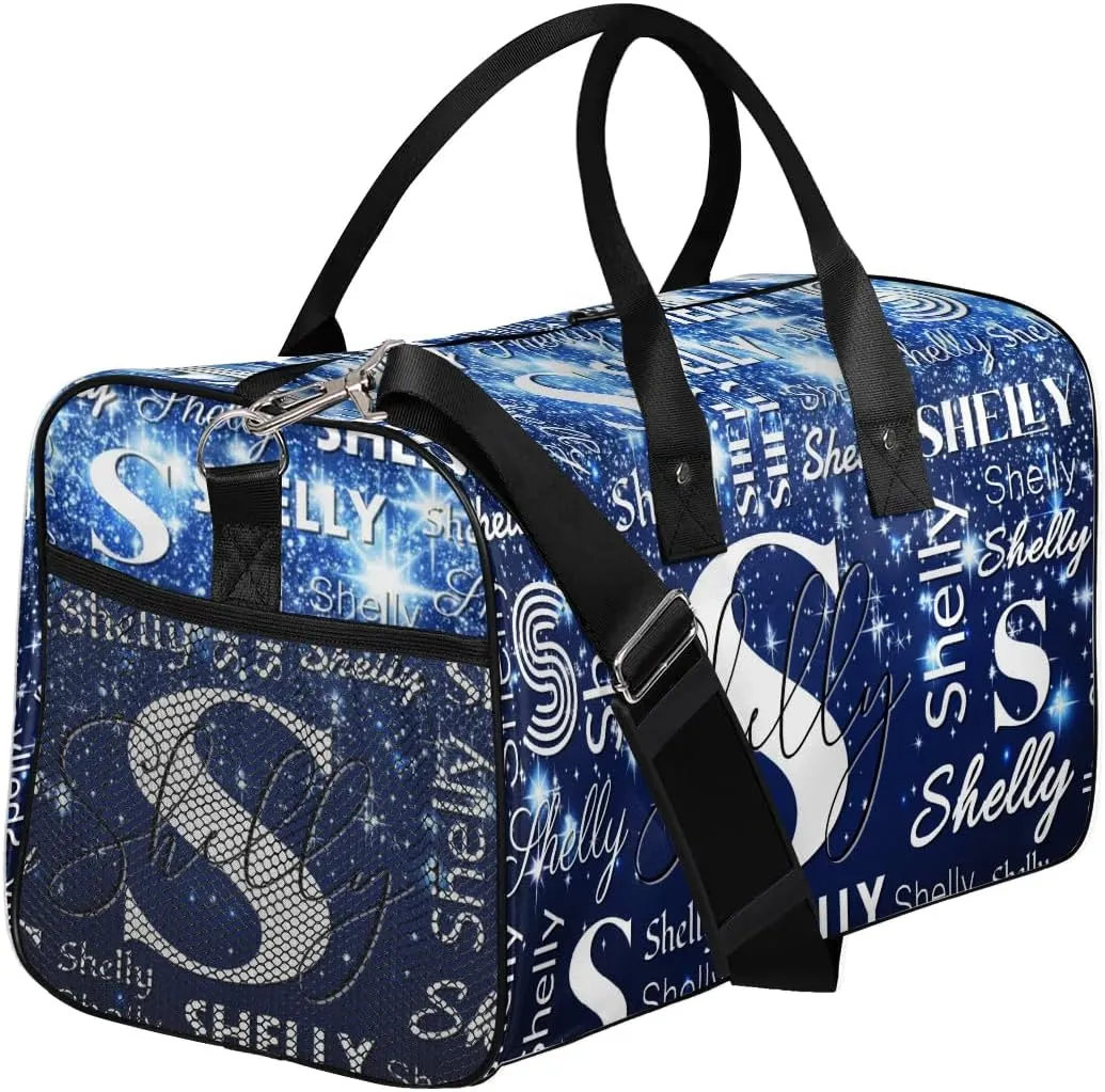 Personalized Initial Sports Duffel Bag with Name Custom Weekender Overnight Bag Foldable Gym Bag Travel Dance Gymnastics Duffel Tote Bag Dark Blue Glitter