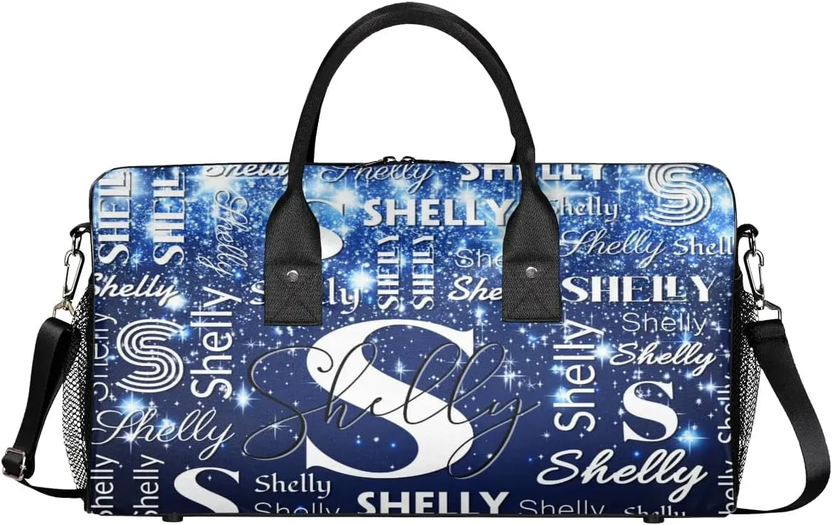 Personalized Initial Sports Duffel Bag with Name Custom Weekender Overnight Bag Foldable Gym Bag Travel Dance Gymnastics Duffel Tote Bag Dark Blue Glitter