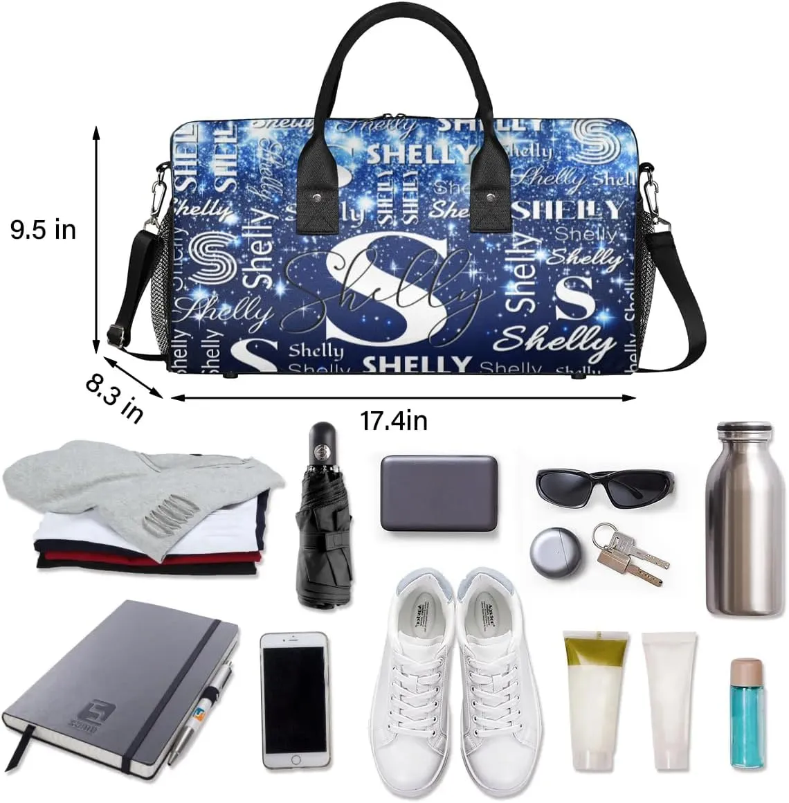 Personalized Initial Sports Duffel Bag with Name Custom Weekender Overnight Bag Foldable Gym Bag Travel Dance Gymnastics Duffel Tote Bag Dark Blue Glitter