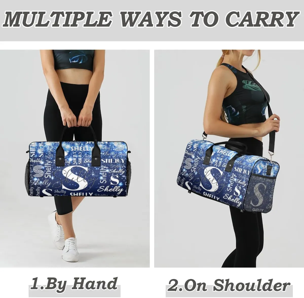 Personalized Initial Sports Duffel Bag with Name Custom Weekender Overnight Bag Foldable Gym Bag Travel Dance Gymnastics Duffel Tote Bag Dark Blue Glitter