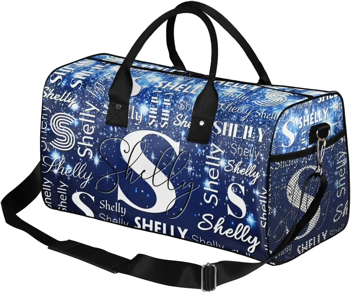 Personalized Initial Sports Duffel Bag with Name Custom Weekender Overnight Bag Foldable Gym Bag Travel Dance Gymnastics Duffel Tote Bag Dark Blue Glitter