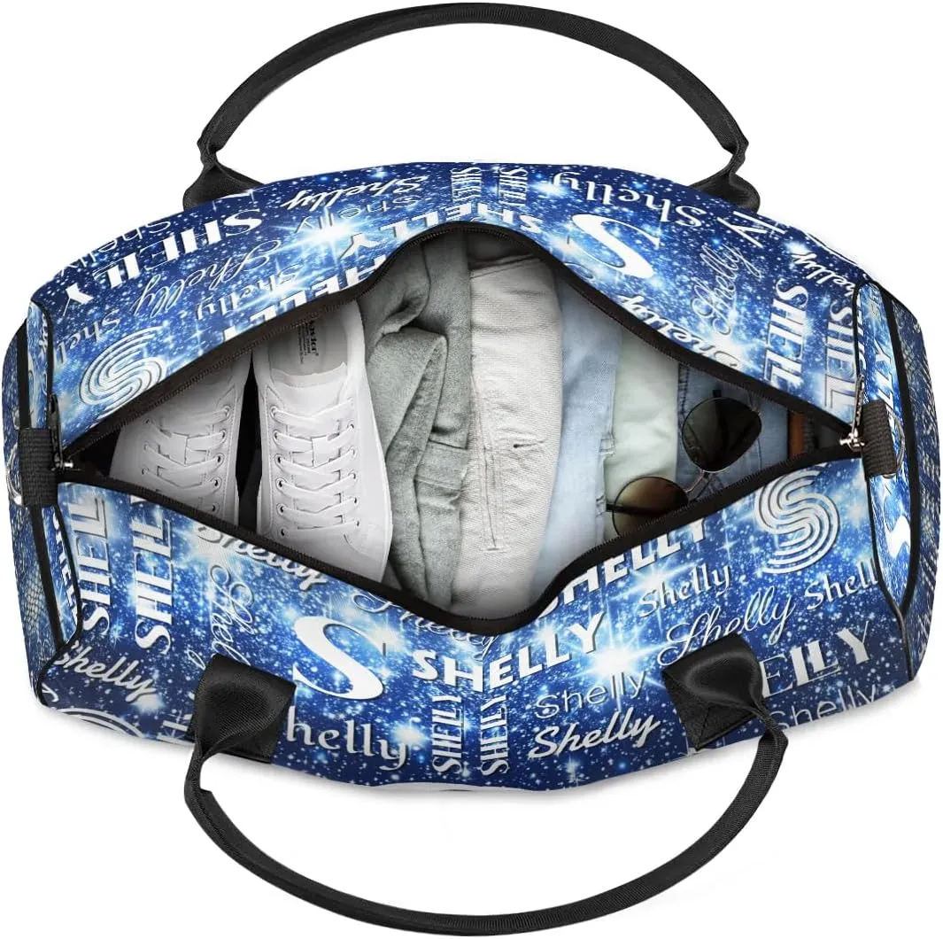 Personalized Initial Sports Duffel Bag with Name Custom Weekender Overnight Bag Foldable Gym Bag Travel Dance Gymnastics Duffel Tote Bag Dark Blue Glitter