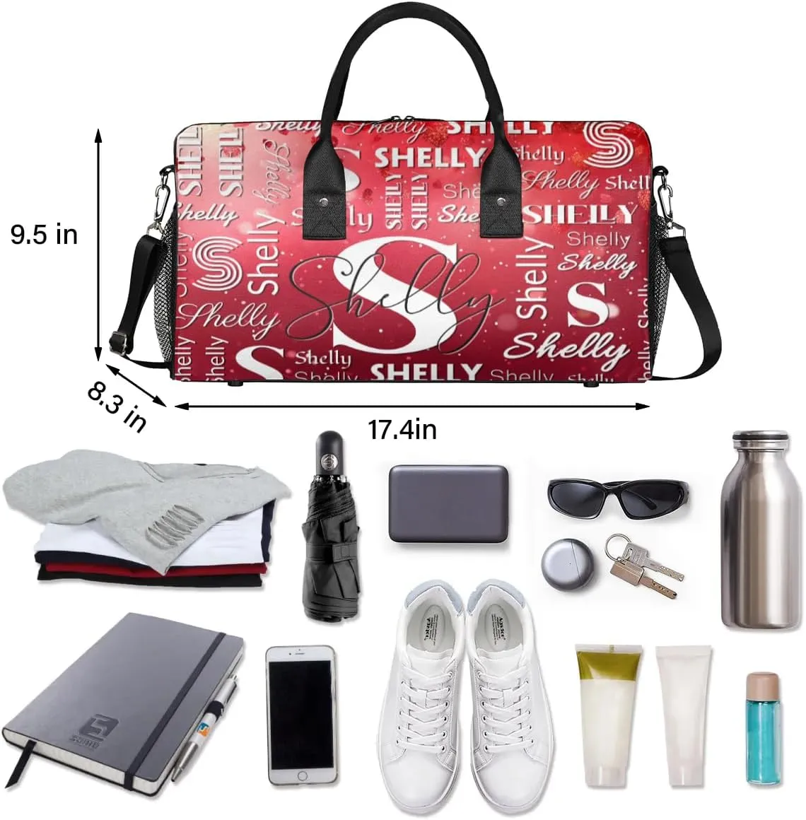 Personalized Initial Sports Duffel Bag with Name Custom Weekender Overnight Bag Foldable Gym Bag Travel Dance Gymnastics Duffel Tote Bag Red