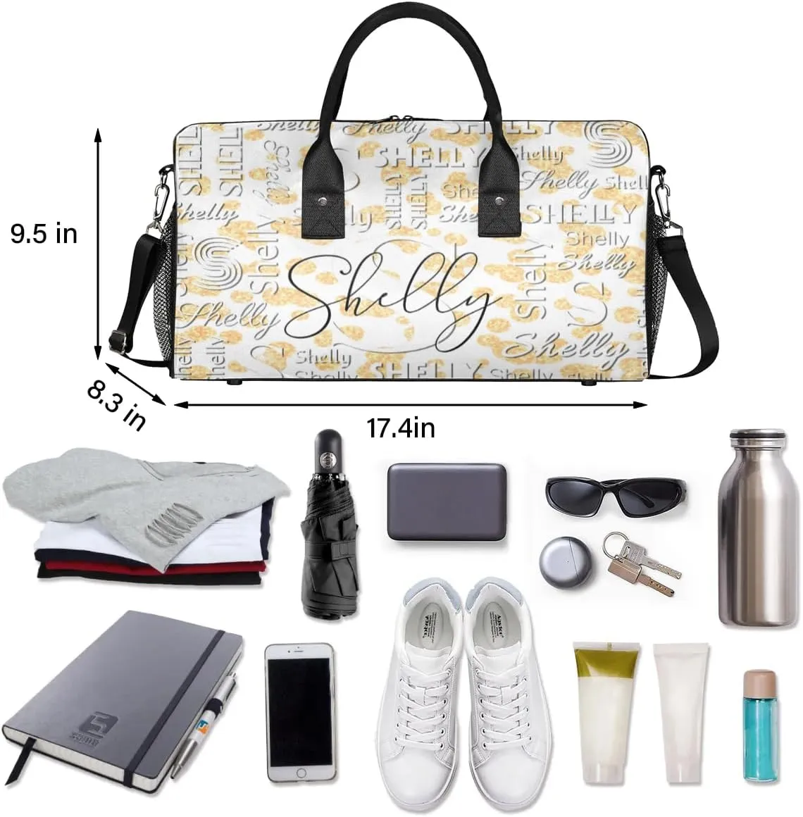 Personalized Initial Travel Duffel Bag, Sports Gym Bag, Custom Name Weekender Bag Monogram Overnight Bag Birthday Gifts Daughter Gifts Friend Gifts Golden