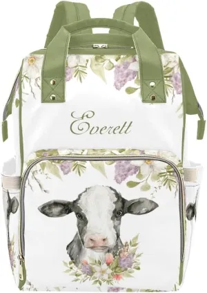 Personalized Name Diaper Bag Backpack Spring Greenery Floral Cow Gift the Best: Spacious Waterproof Nappy Bag for Men and Women