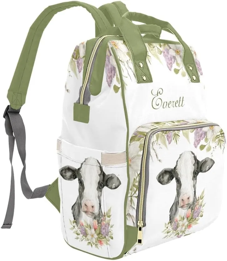 Personalized Name Diaper Bag Backpack Spring Greenery Floral Cow Gift the Best: Spacious Waterproof Nappy Bag for Men and Women