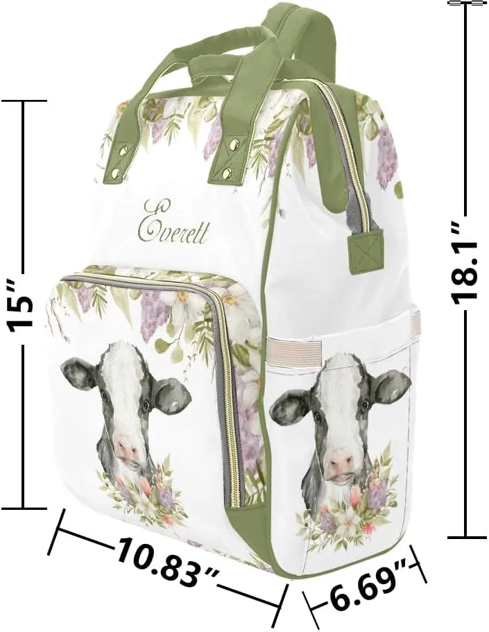 Personalized Name Diaper Bag Backpack Spring Greenery Floral Cow Gift the Best: Spacious Waterproof Nappy Bag for Men and Women