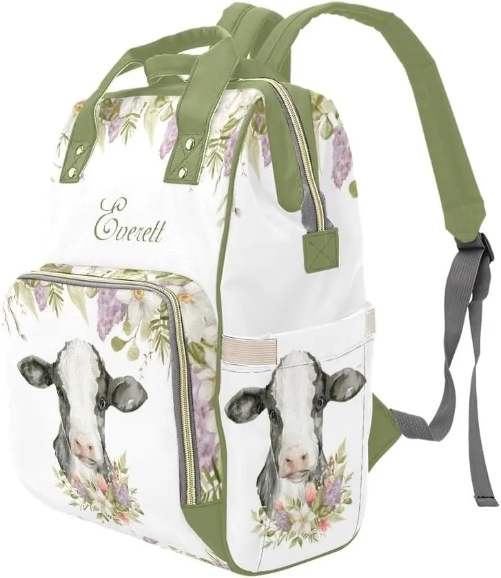 Personalized Name Diaper Bag Backpack Spring Greenery Floral Cow Gift the Best: Spacious Waterproof Nappy Bag for Men and Women