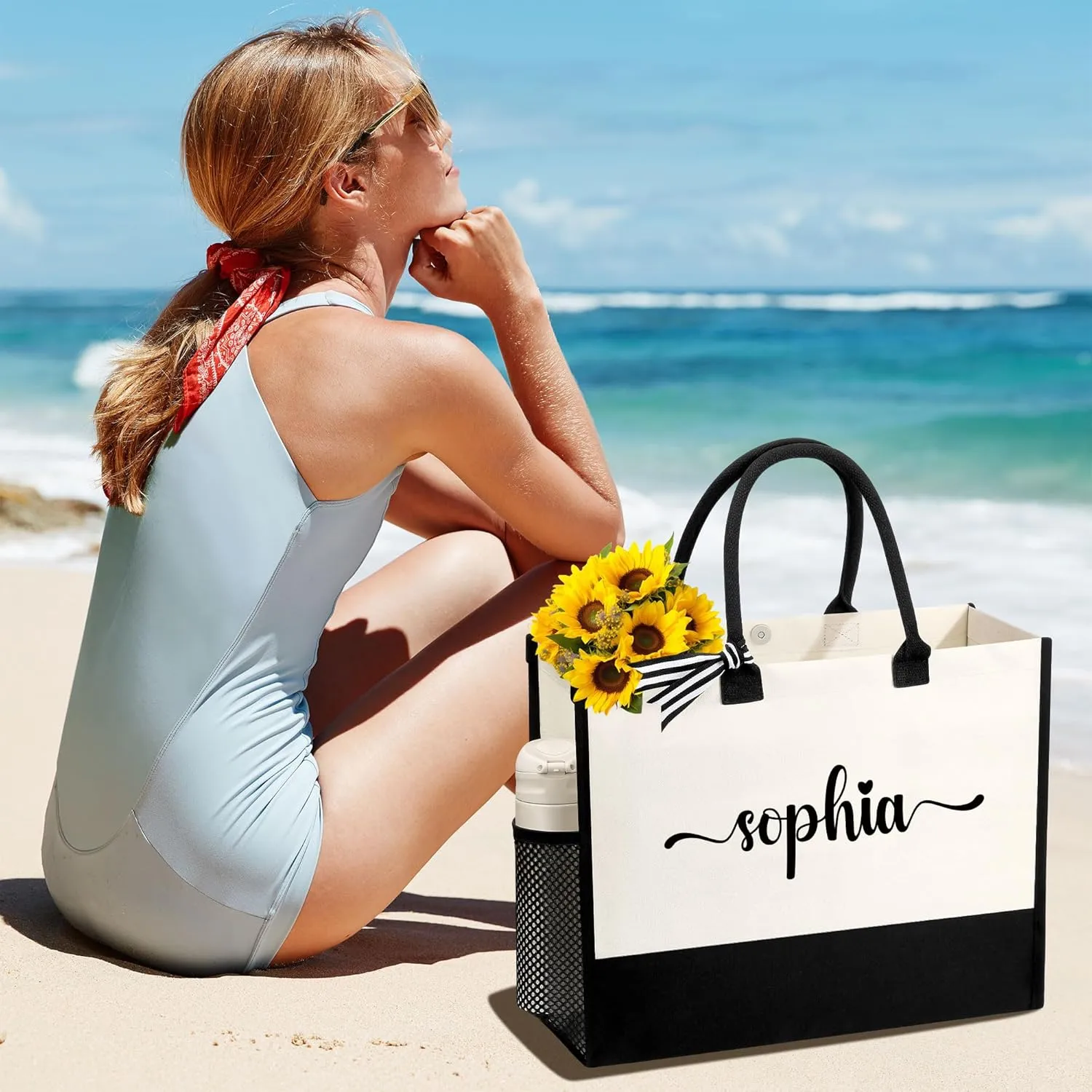 Personalized Name Tote Bag for Women, Birthday Best Friend Bridesmaid Gifts for Women Canvas Initial Tote Bags
