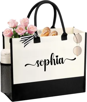 Personalized Name Tote Bag for Women, Birthday Best Friend Bridesmaid Gifts for Women Canvas Initial Tote Bags