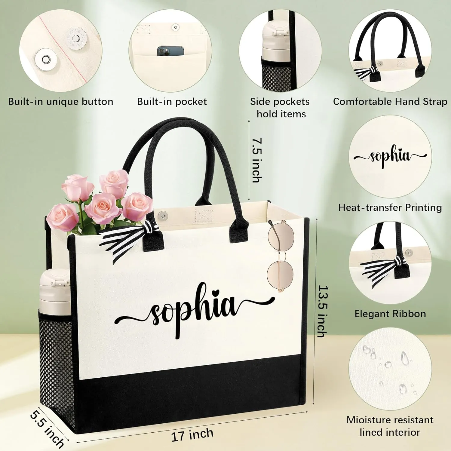 Personalized Name Tote Bag for Women, Birthday Best Friend Bridesmaid Gifts for Women Canvas Initial Tote Bags