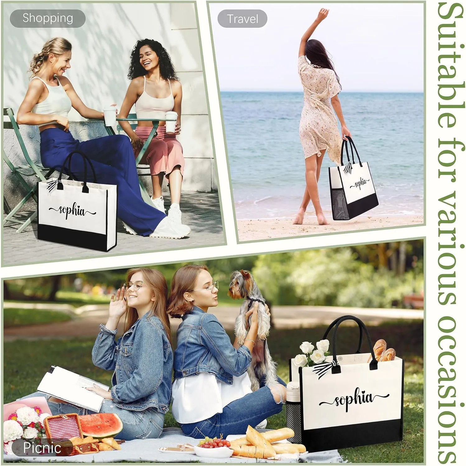 Personalized Name Tote Bag for Women, Birthday Best Friend Bridesmaid Gifts for Women Canvas Initial Tote Bags