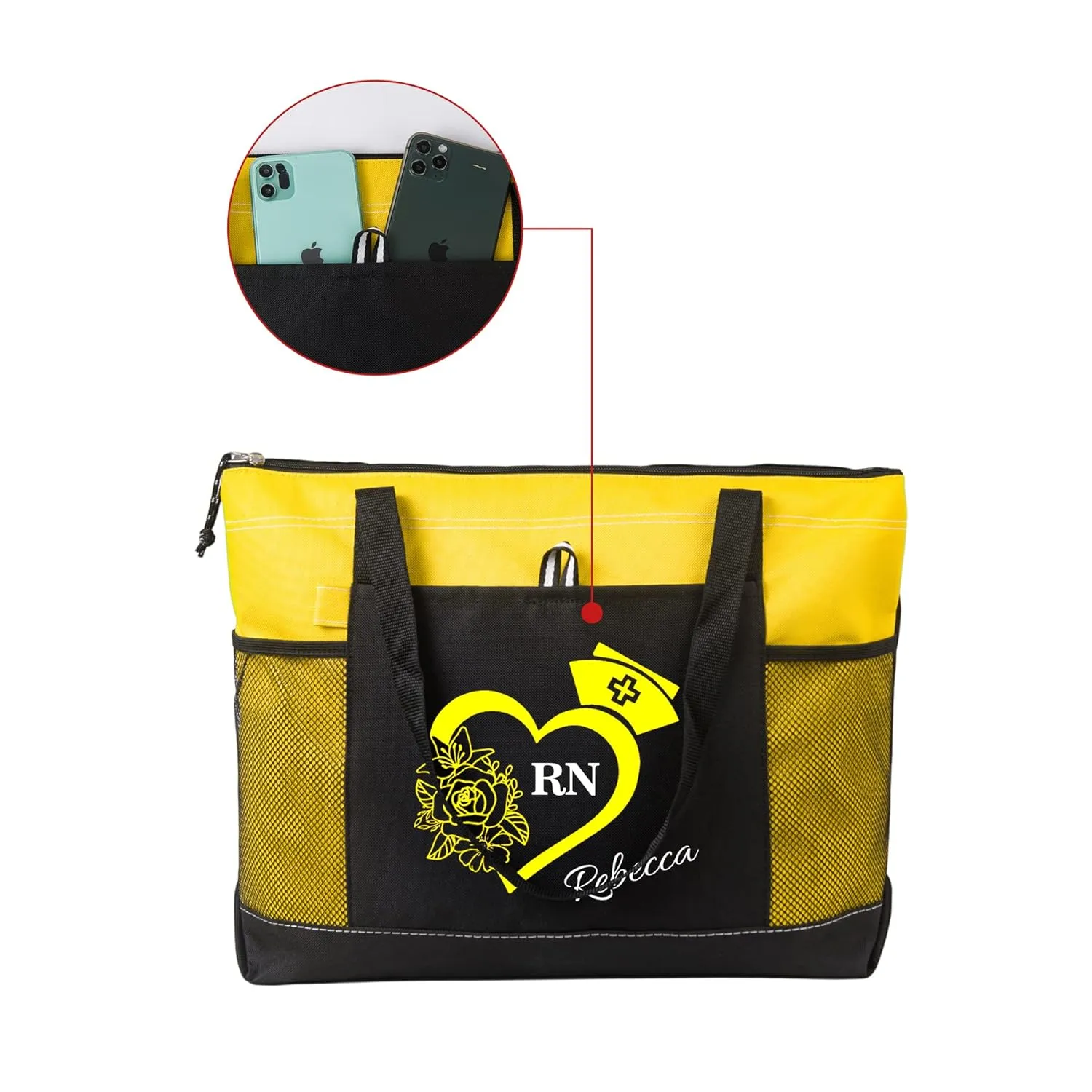 Personalized Nurse Tote Bag, Medical Zippered Tote Bag with Mesh Pocket Shoulder Bag, RN, LPN, CNA, PA, EMT (Yellow)
