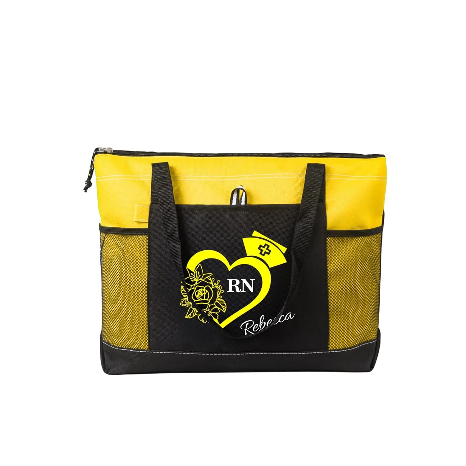 Personalized Nurse Tote Bag, Medical Zippered Tote Bag with Mesh Pocket Shoulder Bag, RN, LPN, CNA, PA, EMT (Yellow)