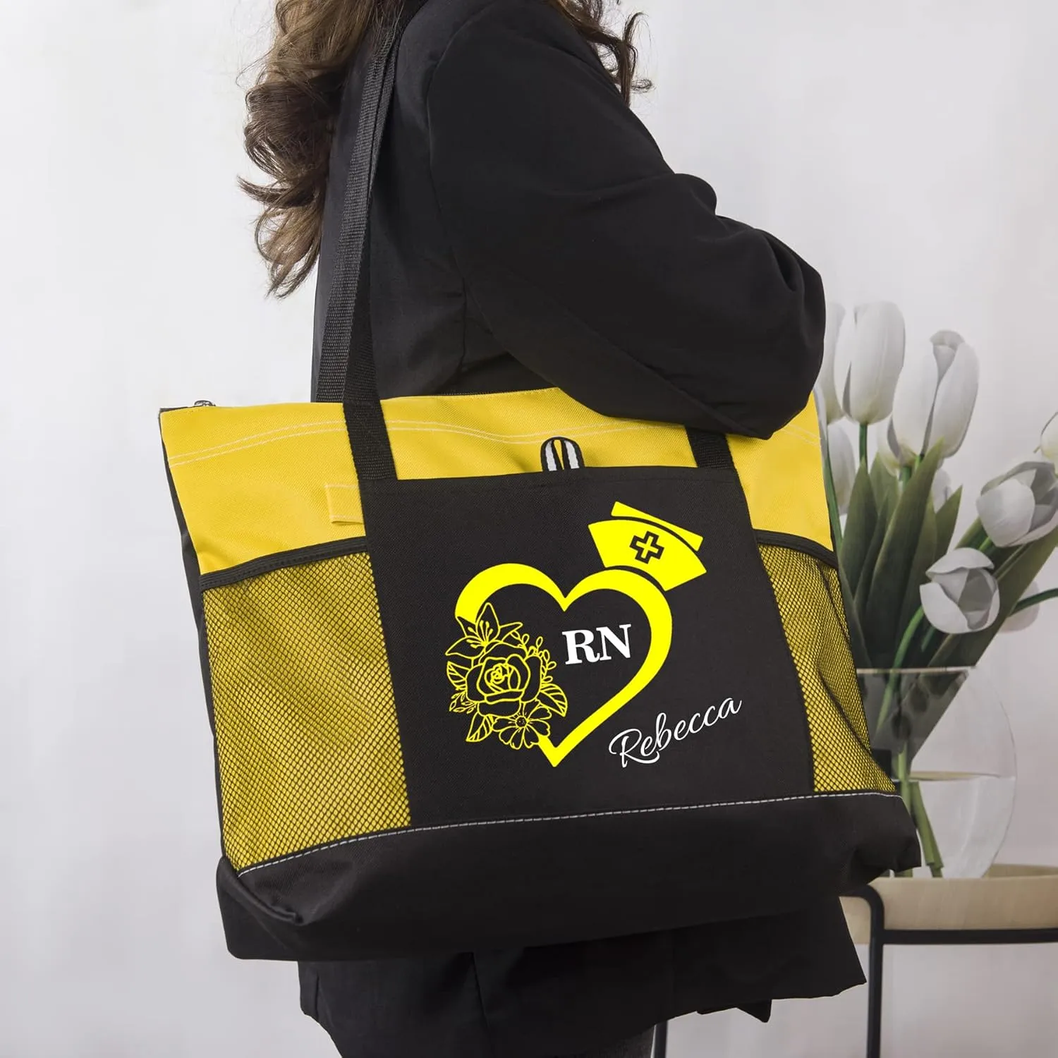 Personalized Nurse Tote Bag, Medical Zippered Tote Bag with Mesh Pocket Shoulder Bag, RN, LPN, CNA, PA, EMT (Yellow)