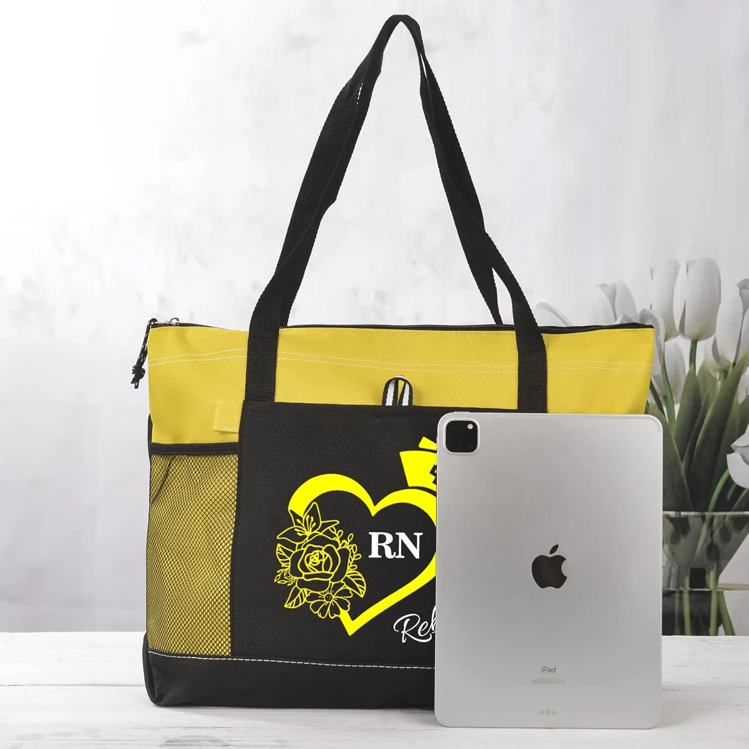 Personalized Nurse Tote Bag, Medical Zippered Tote Bag with Mesh Pocket Shoulder Bag, RN, LPN, CNA, PA, EMT (Yellow)