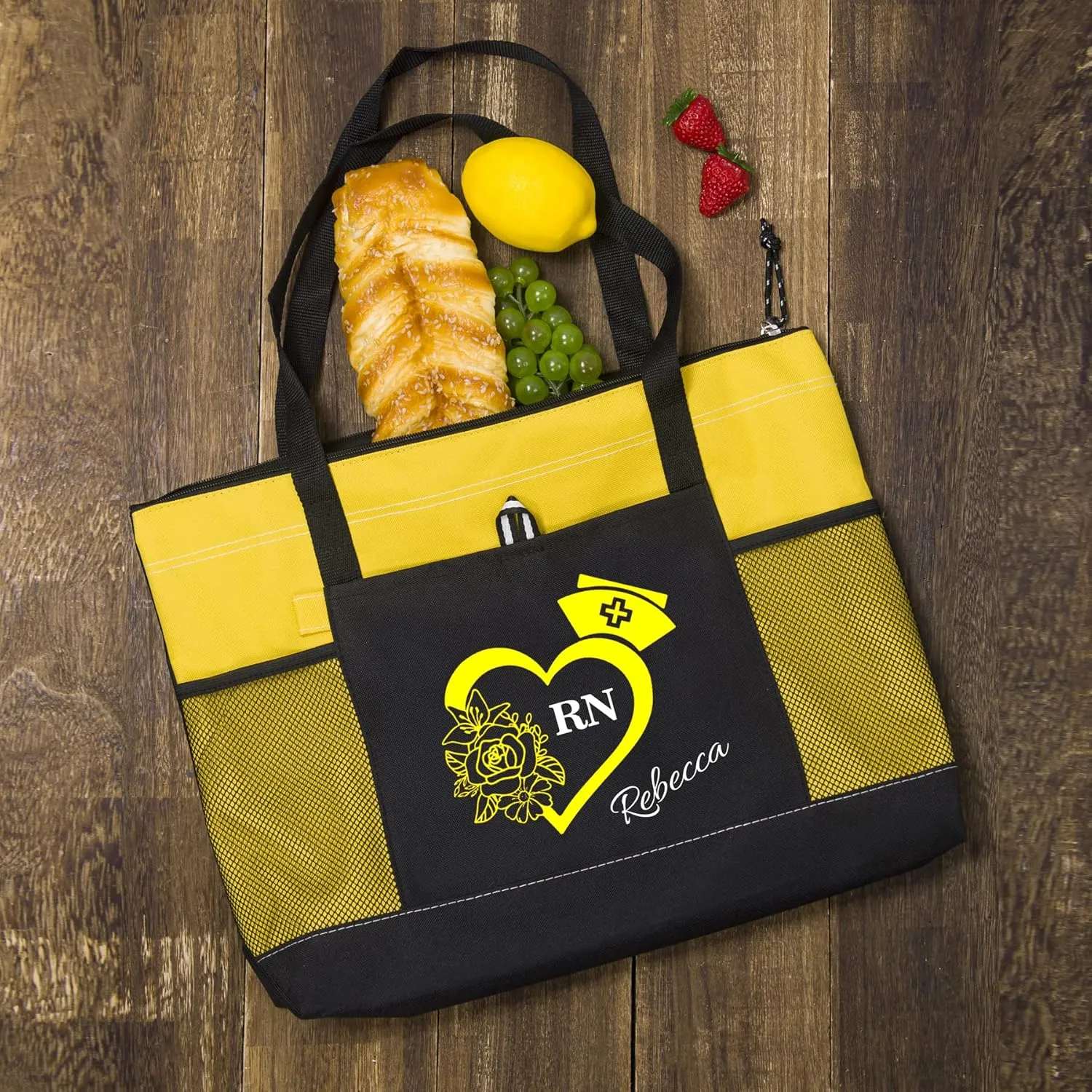 Personalized Nurse Tote Bag, Medical Zippered Tote Bag with Mesh Pocket Shoulder Bag, RN, LPN, CNA, PA, EMT (Yellow)