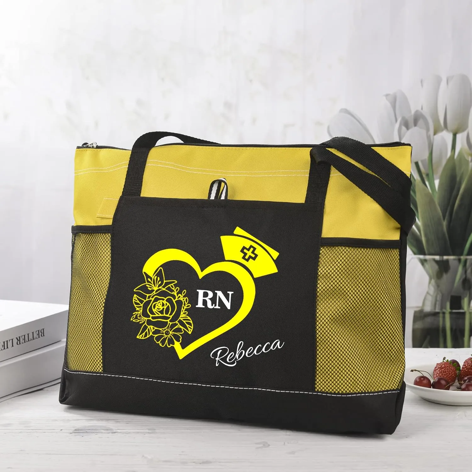 Personalized Nurse Tote Bag, Medical Zippered Tote Bag with Mesh Pocket Shoulder Bag, RN, LPN, CNA, PA, EMT (Yellow)
