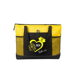 Personalized Nurse Tote Bag, Medical Zippered Tote Bag with Mesh Pocket Shoulder Bag, RN, LPN, CNA, PA, EMT (Yellow)