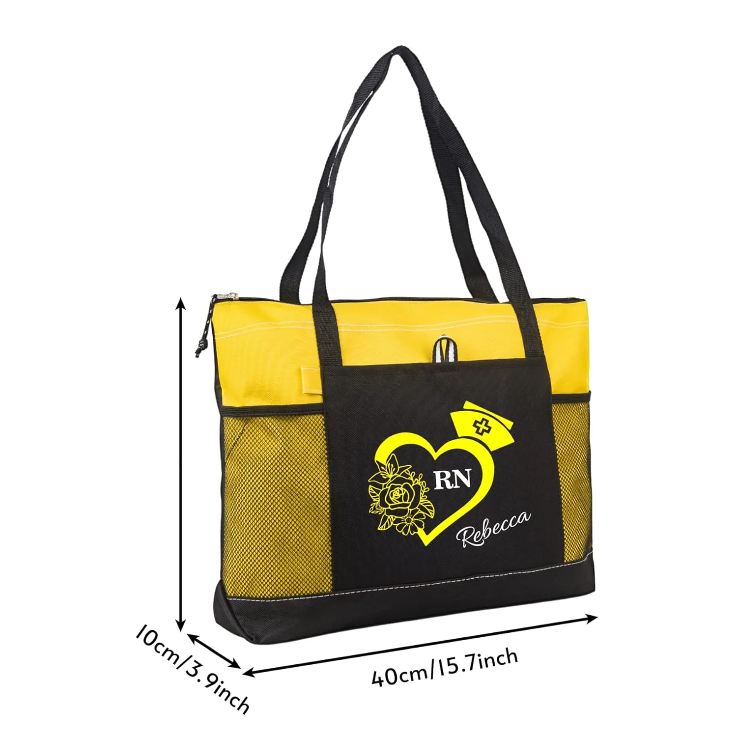 Personalized Nurse Tote Bag, Medical Zippered Tote Bag with Mesh Pocket Shoulder Bag, RN, LPN, CNA, PA, EMT (Yellow)