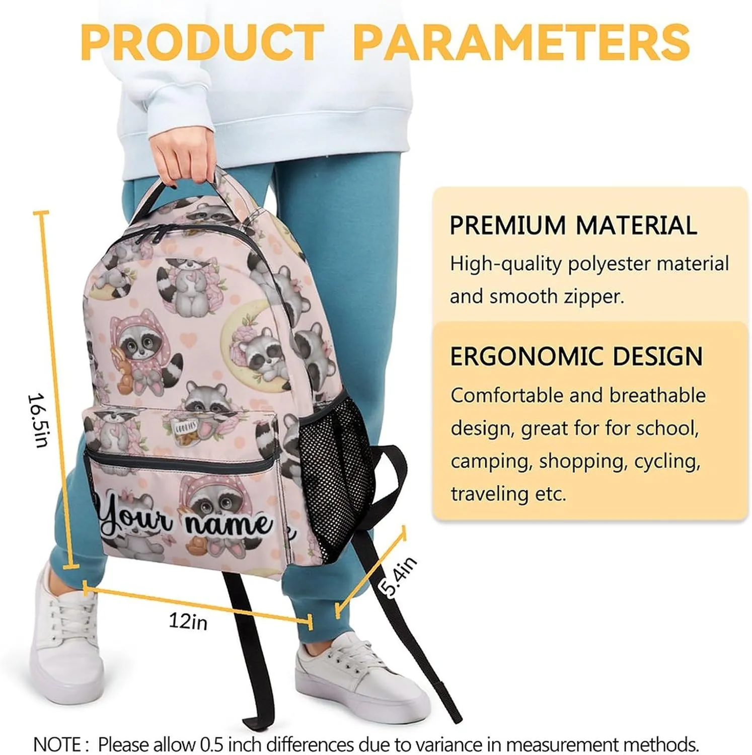 Personalized Raccoon Backpack for Girls Boys, 16 Inch Backpacks for School, Cute, Adjustable Straps, Durable, Lightweight, Large Capacity Bookbag for Kids