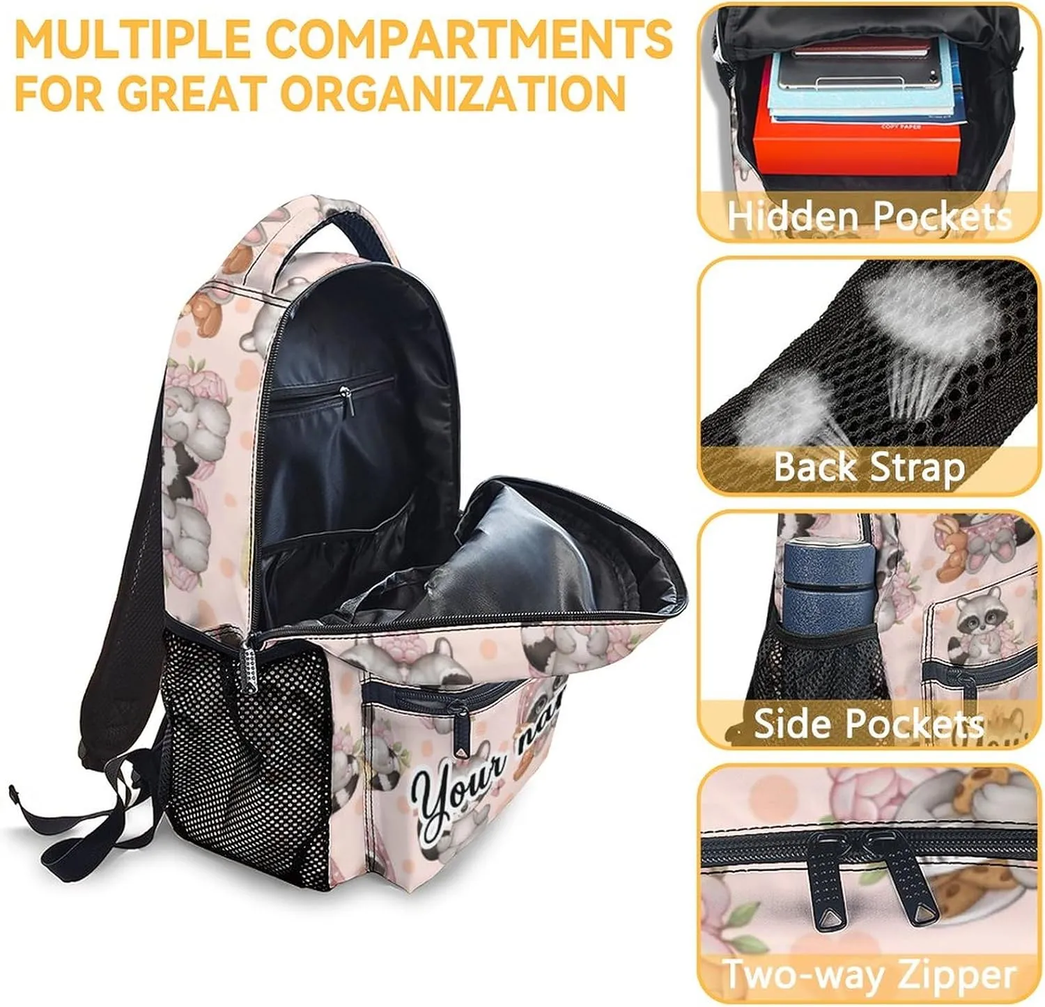 Personalized Raccoon Backpack for Girls Boys, 16 Inch Backpacks for School, Cute, Adjustable Straps, Durable, Lightweight, Large Capacity Bookbag for Kids