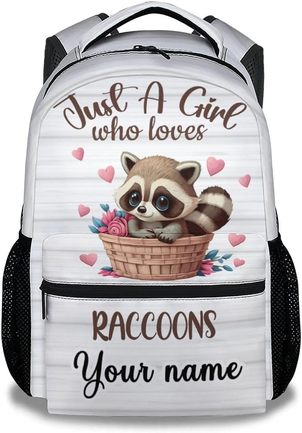 Personalized Raccoon Backpack for Girls Boys, 16 Inch White Backpacks for School, Cute, Adjustable Straps, Durable, Lightweight, Large Capacity Bookbag for Kids