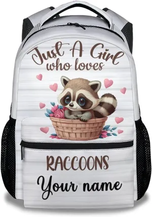 Personalized Raccoon Backpack for Girls Boys, 16 Inch White Backpacks for School, Cute, Adjustable Straps, Durable, Lightweight, Large Capacity Bookbag for Kids