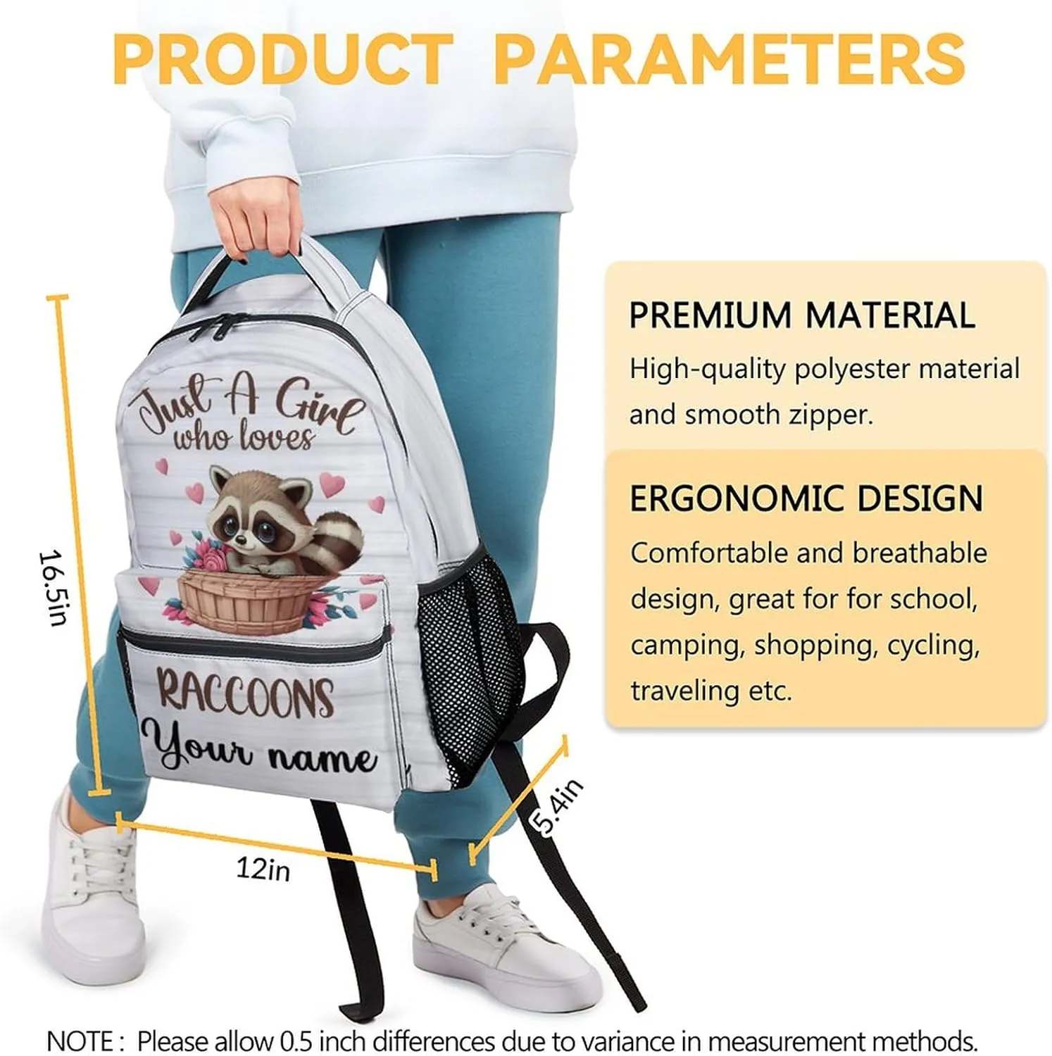 Personalized Raccoon Backpack for Girls Boys, 16 Inch White Backpacks for School, Cute, Adjustable Straps, Durable, Lightweight, Large Capacity Bookbag for Kids