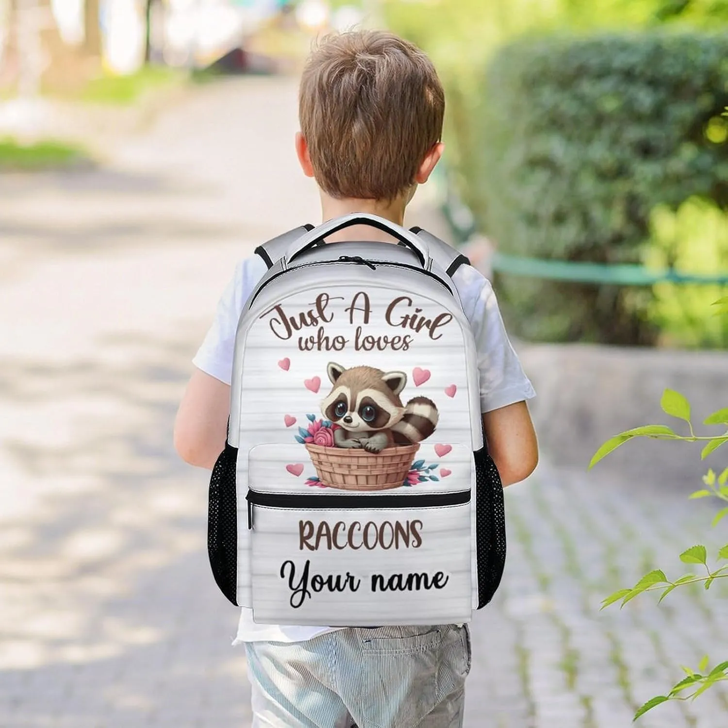 Personalized Raccoon Backpack for Girls Boys, 16 Inch White Backpacks for School, Cute, Adjustable Straps, Durable, Lightweight, Large Capacity Bookbag for Kids