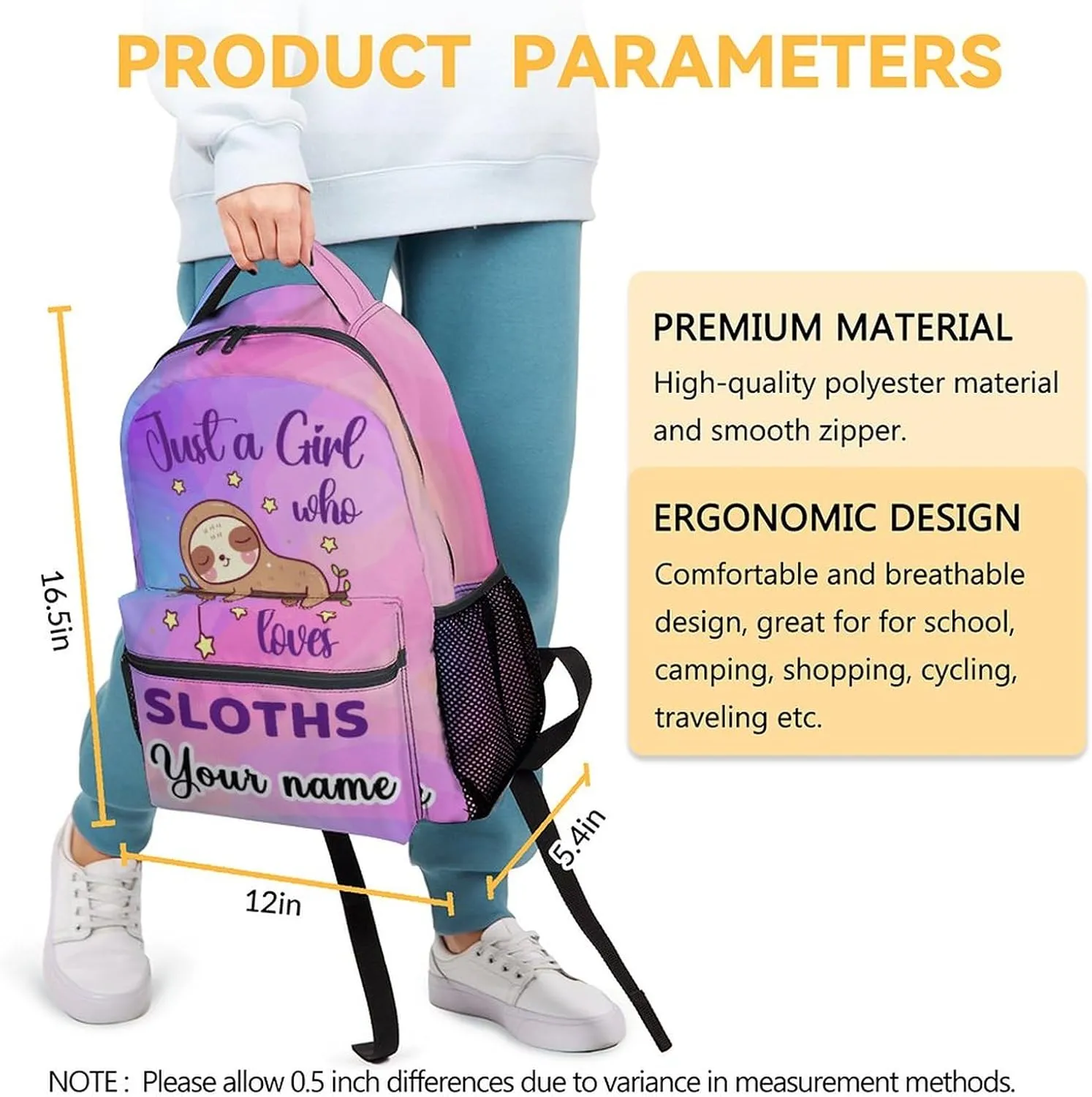 Personalized Sloth Backpack for Girls Boys, 16 Inch Backpacks for School, Cute, Adjustable Straps, Durable, Lightweight, Large Capacity Bookbag for Kids