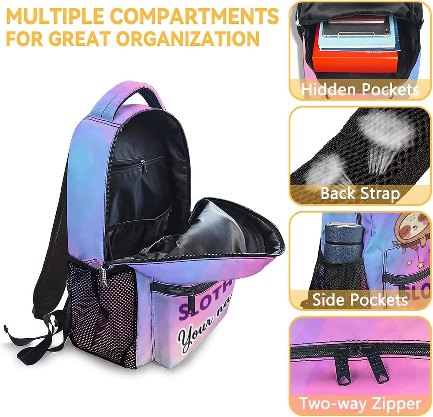 Personalized Sloth Backpack for Girls Boys, 16 Inch Backpacks for School, Cute, Adjustable Straps, Durable, Lightweight, Large Capacity Bookbag for Kids