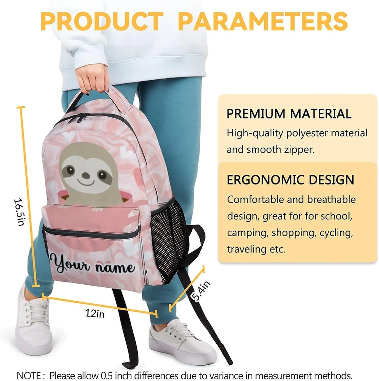 Personalized Sloth Backpack for Girls Boys, 16 Inch Pink Backpacks for School, Cute, Adjustable Straps, Durable, Lightweight, Large Capacity Bookbag for Kids