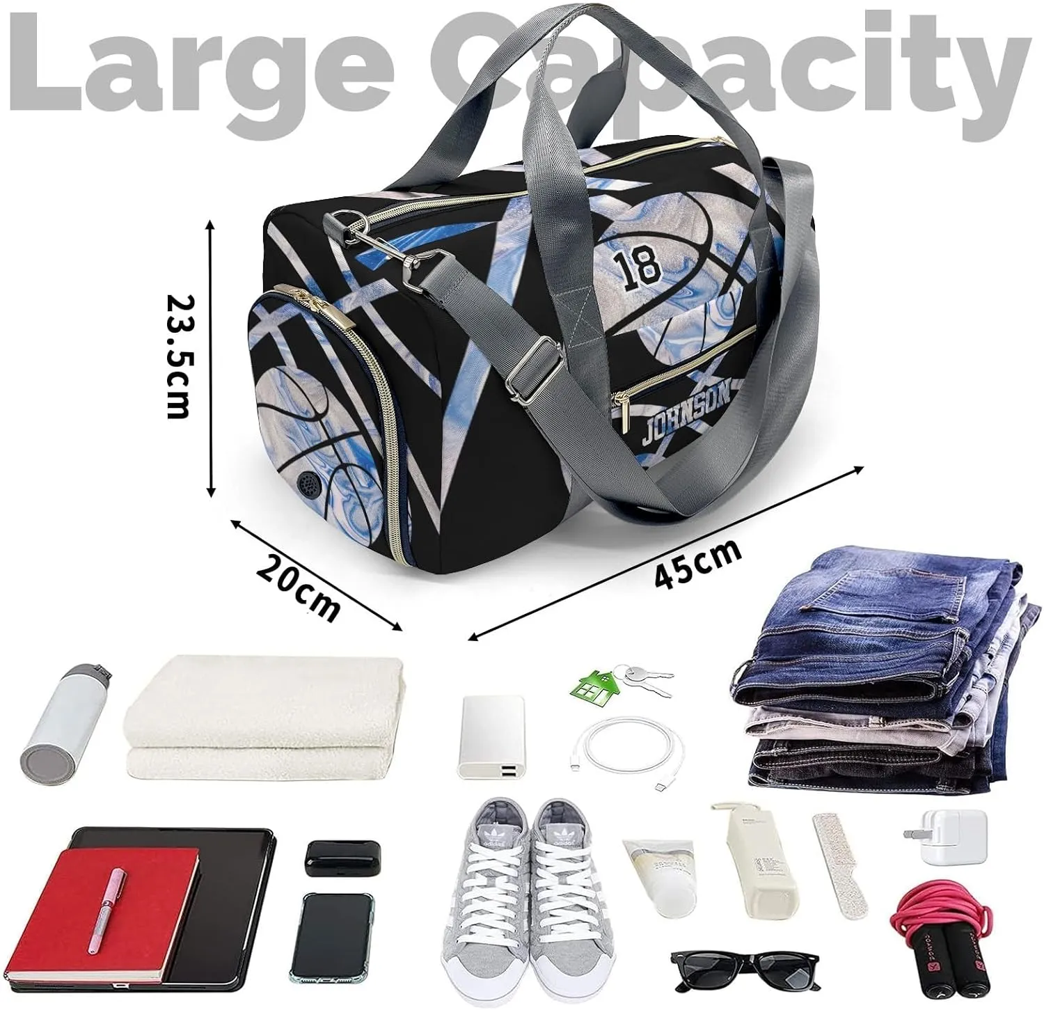 Personalized Sport Player Duffle Bag for Travel,Custom Carry on Bag Basketball Blue Marble Travel Bags Overnight Weekend Gym Bag Carry On Luggage Bags
