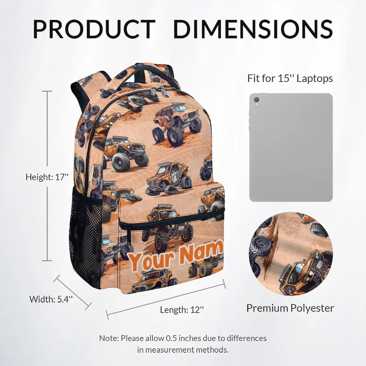 Personalized Truck Backpacks for Kids, School Backpack for Boys Girls, Lightweight Bookbag for Elementary Middle School, Cool Brown Car School Bag
