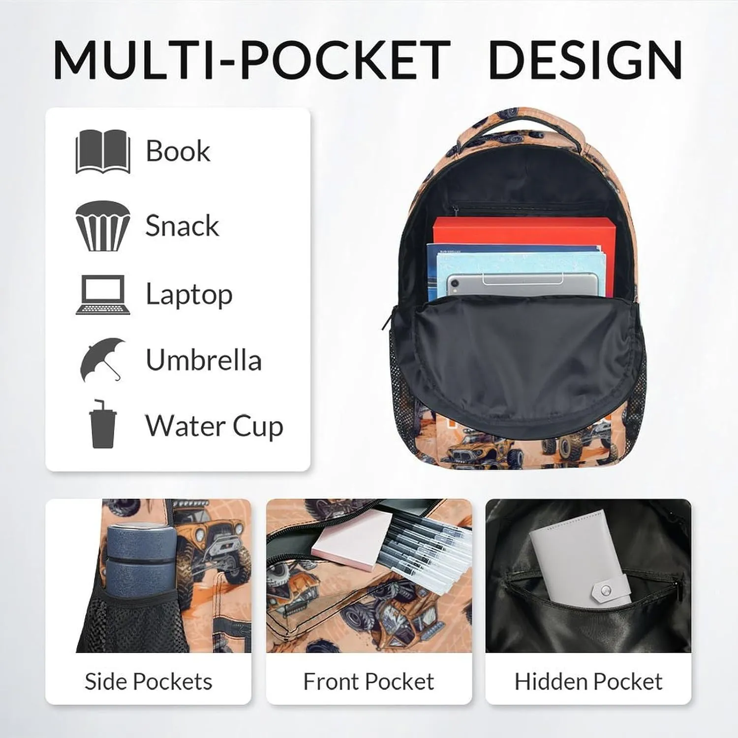 Personalized Truck Backpacks for Kids, School Backpack for Boys Girls, Lightweight Bookbag for Elementary Middle School, Cool Brown Car School Bag