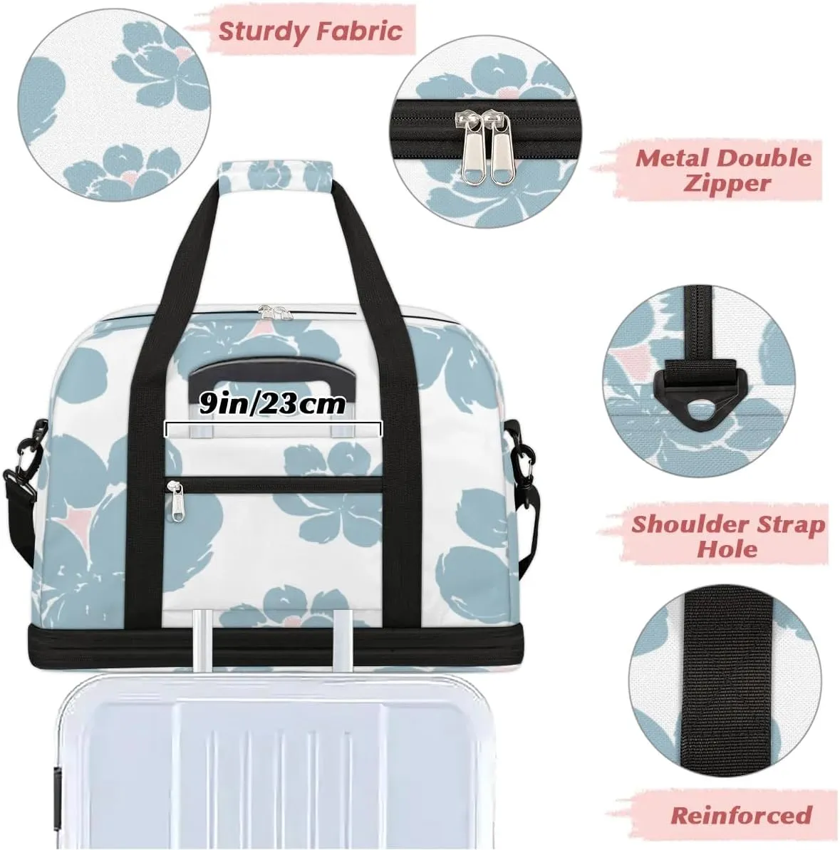 Petals Pattern Sports Gym Bag with Shoes Compartment Foldable Travel Duffel Bag Dry Wet Separated Sports Tote Workout Weekender Overnight Bag for Women Yoga Dance Work Training Handbag