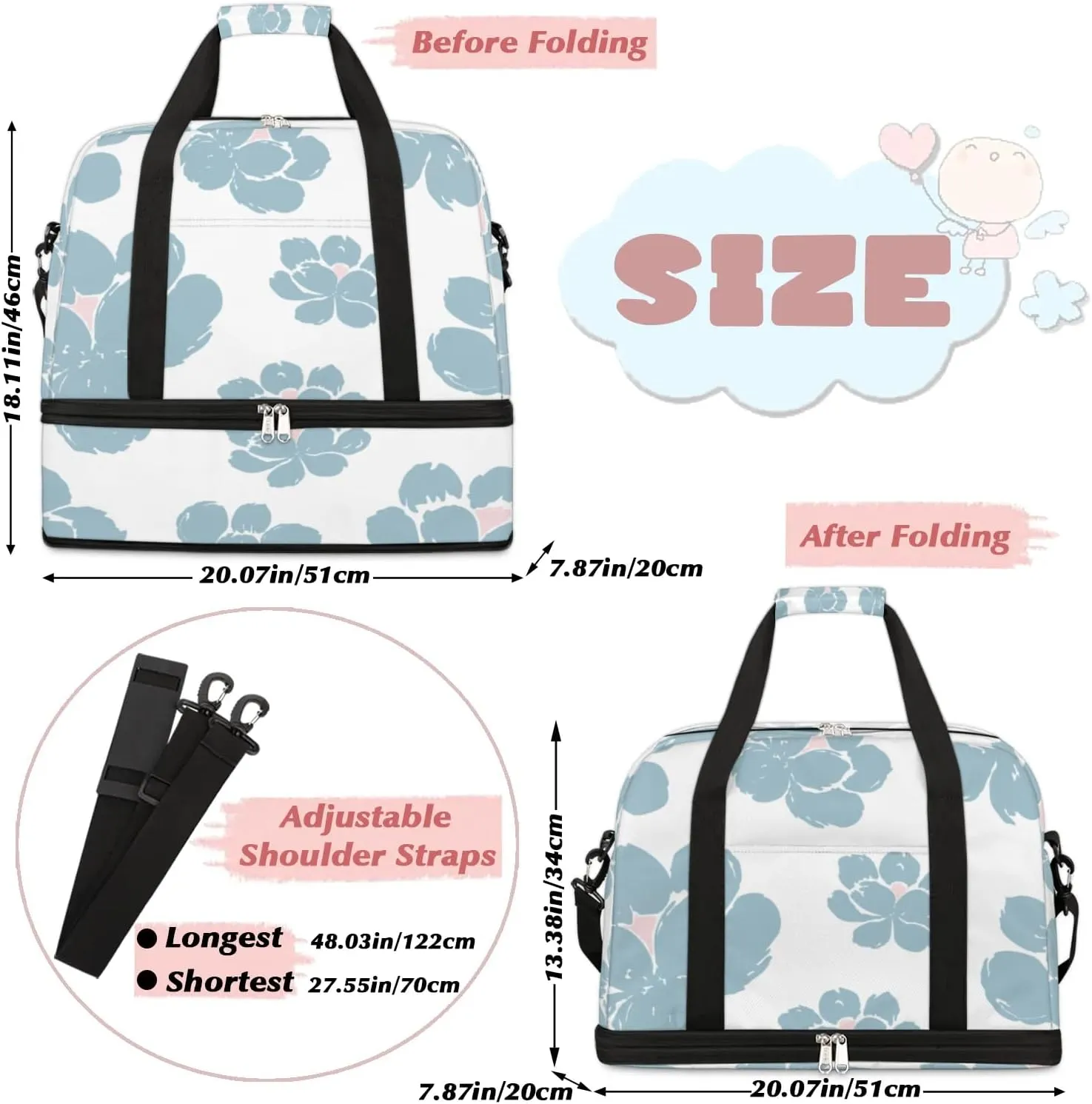Petals Pattern Sports Gym Bag with Shoes Compartment Foldable Travel Duffel Bag Dry Wet Separated Sports Tote Workout Weekender Overnight Bag for Women Yoga Dance Work Training Handbag
