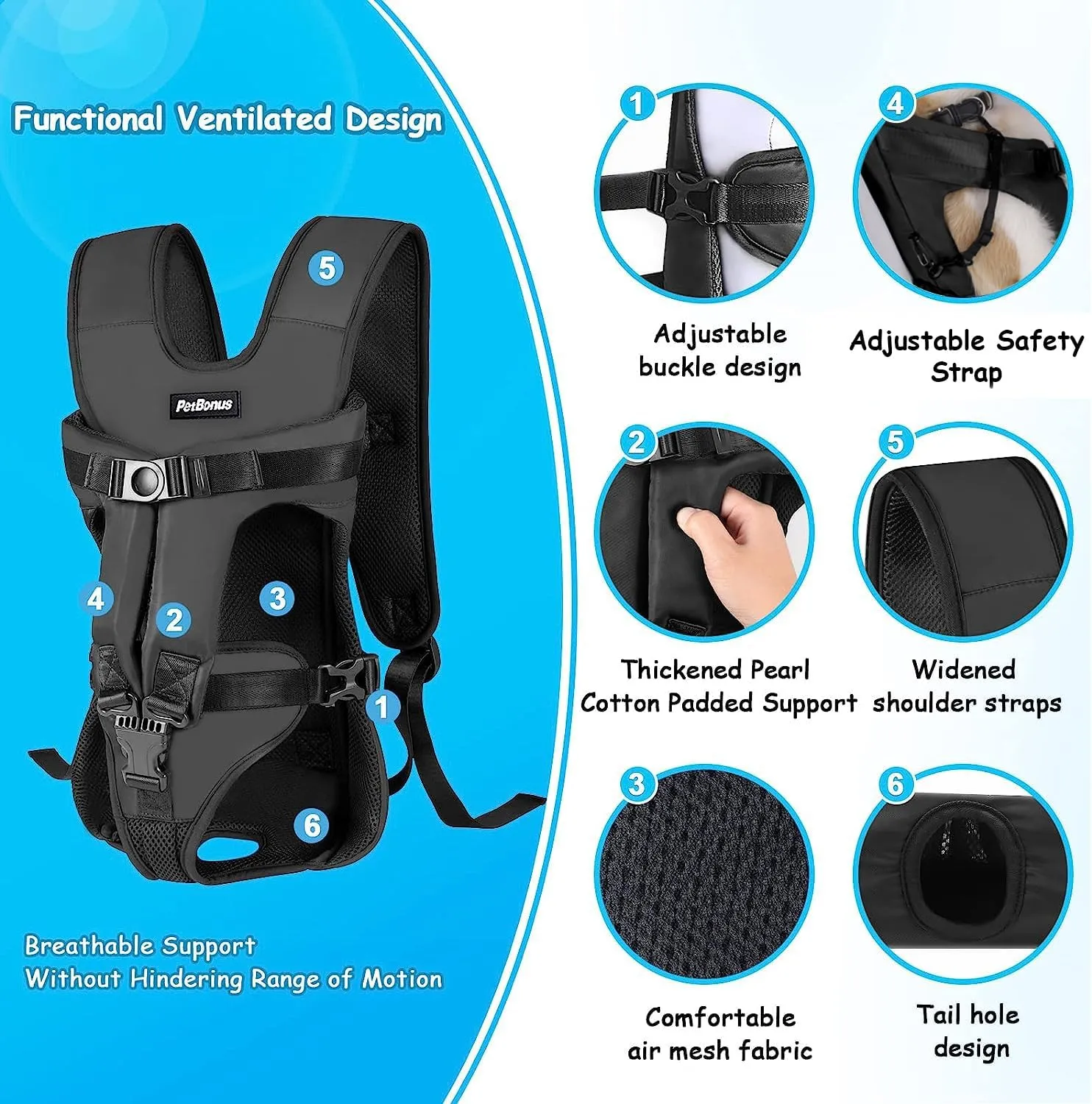 PetBonus Pet Front Dog Carrier Backpacks, Adjustable Dog Backpack Carrier, Legs Out Easy-fit Dog Chest Carrier for Medium Small Dogs, Hands Free Dog Front Carrier for Hiking, Cycling (Black, S)