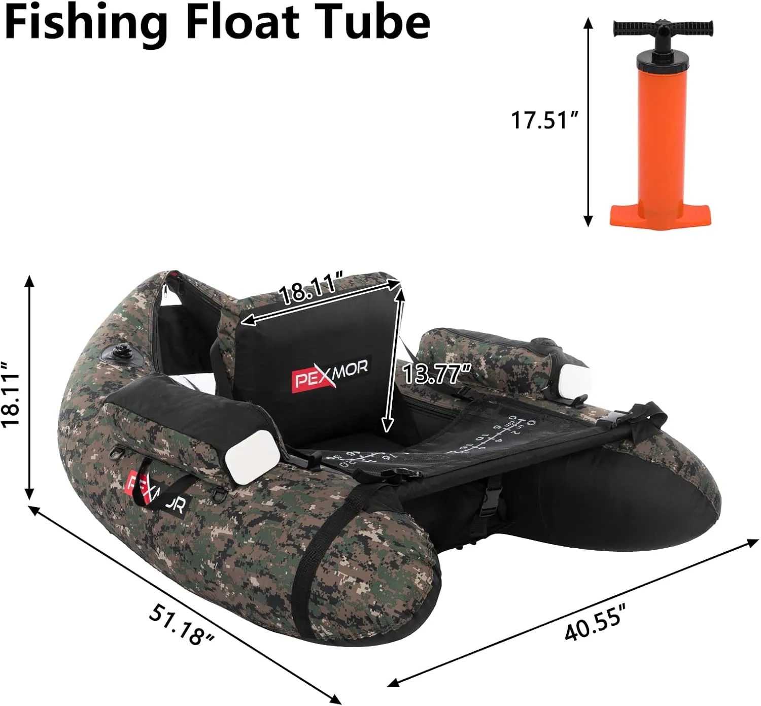 PEXMOR Inflatable Fishing Float Tube, Float Tubes for Fishing w/Rod Holder | Fish Ruler | Pump | Carry Bag | Adjustable Straps| Storage Pockets, 350LBS Capacity Fly Fishing Belly Boat