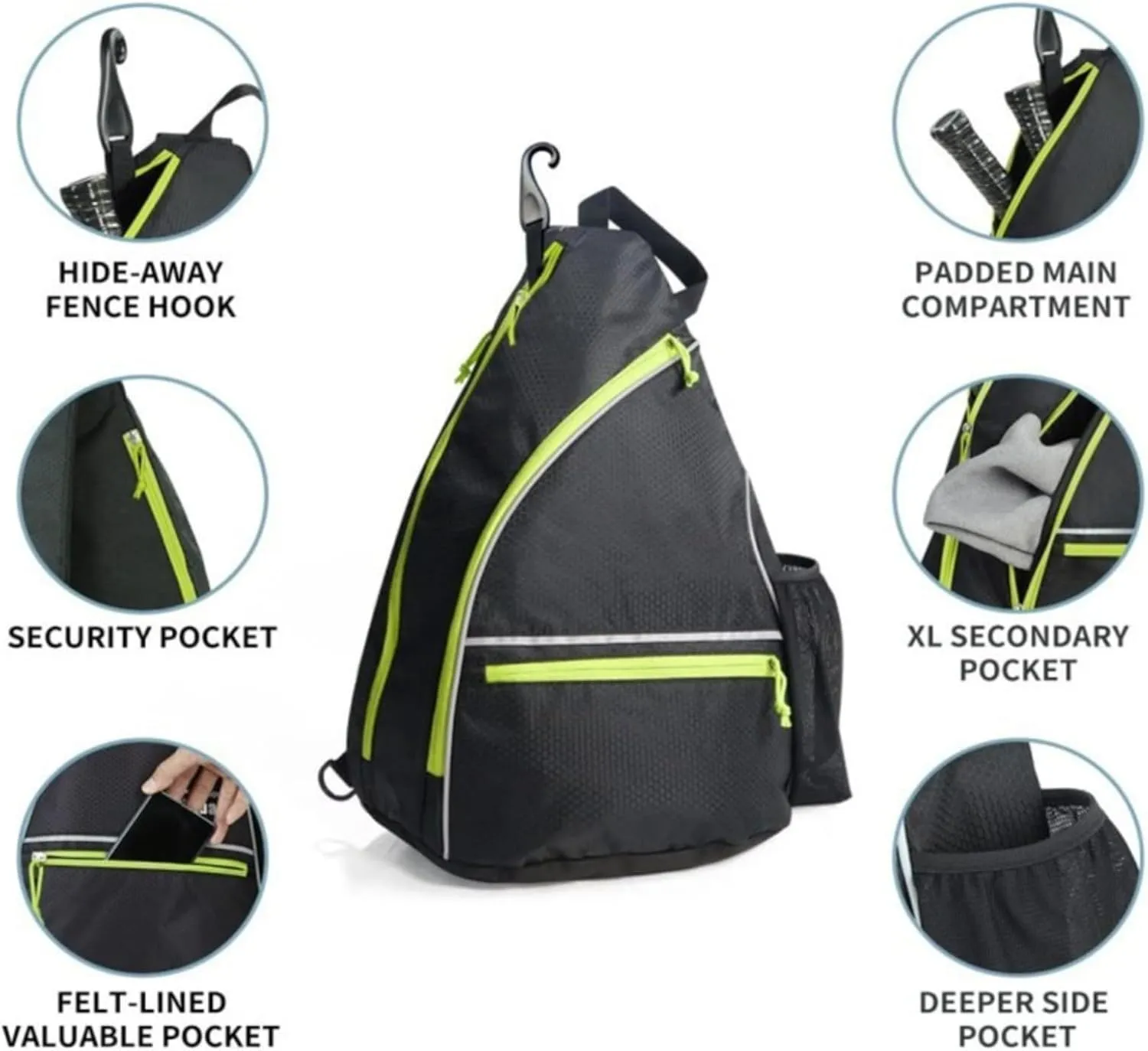 Pickleball Bag Unisex,Adjustable Sling Backpack W,Fence Hook & Dry Pocket,Holds 4 Paddles, Secure Pocket,Tennis Court & Travel Essentials