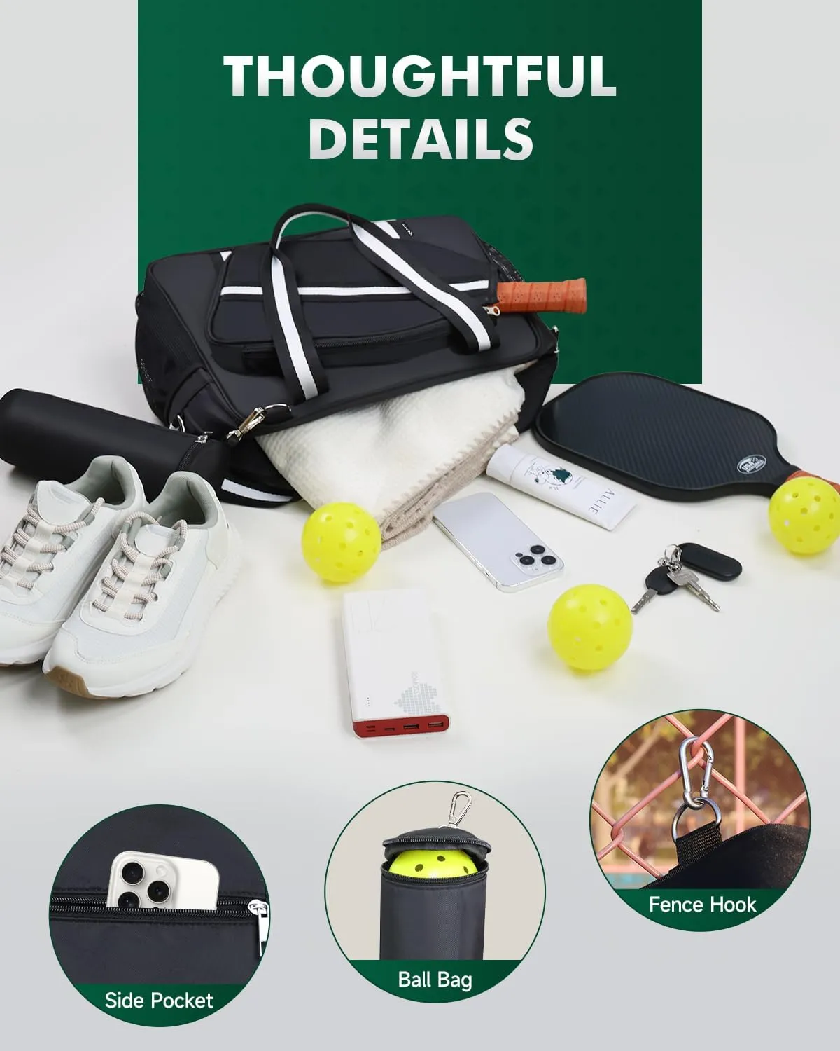Pickleball Tote Bag for Women Men with Paddle Cover Pocket External Ball Bag and Adjustable Shoulder Strap Fence Hook