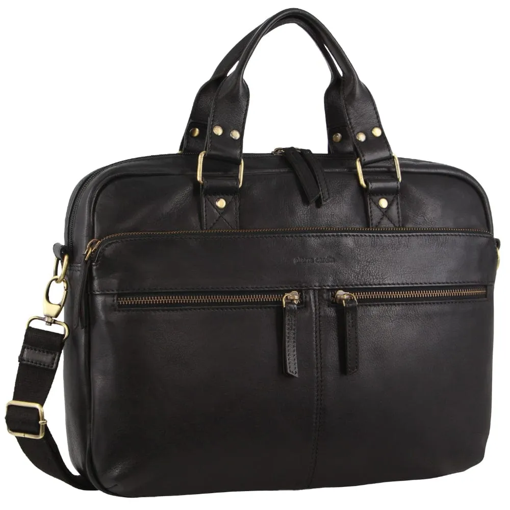 Pierre Cardin Multi-Compartment Leather Computer Bag in Black