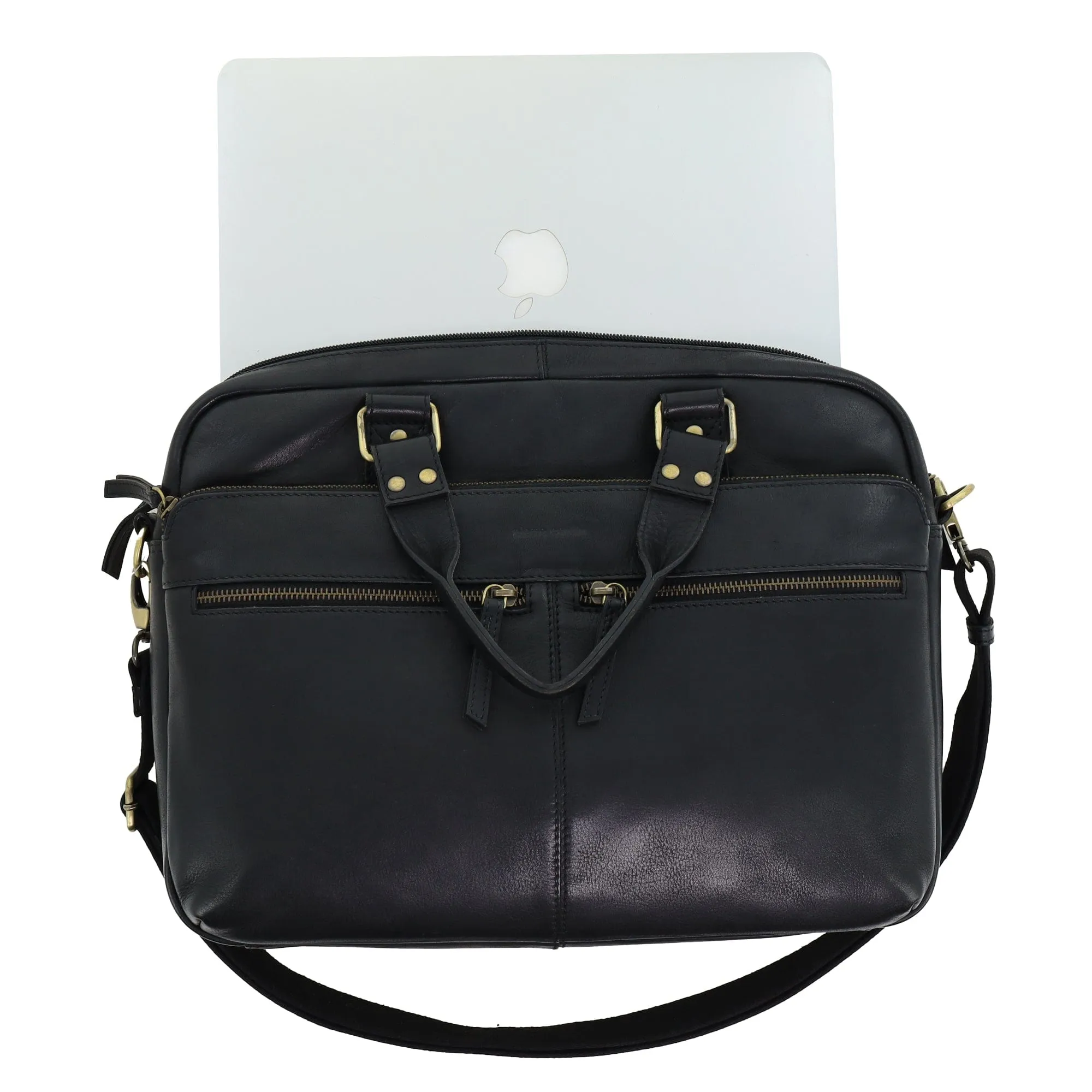Pierre Cardin Multi-Compartment Leather Computer Bag in Black