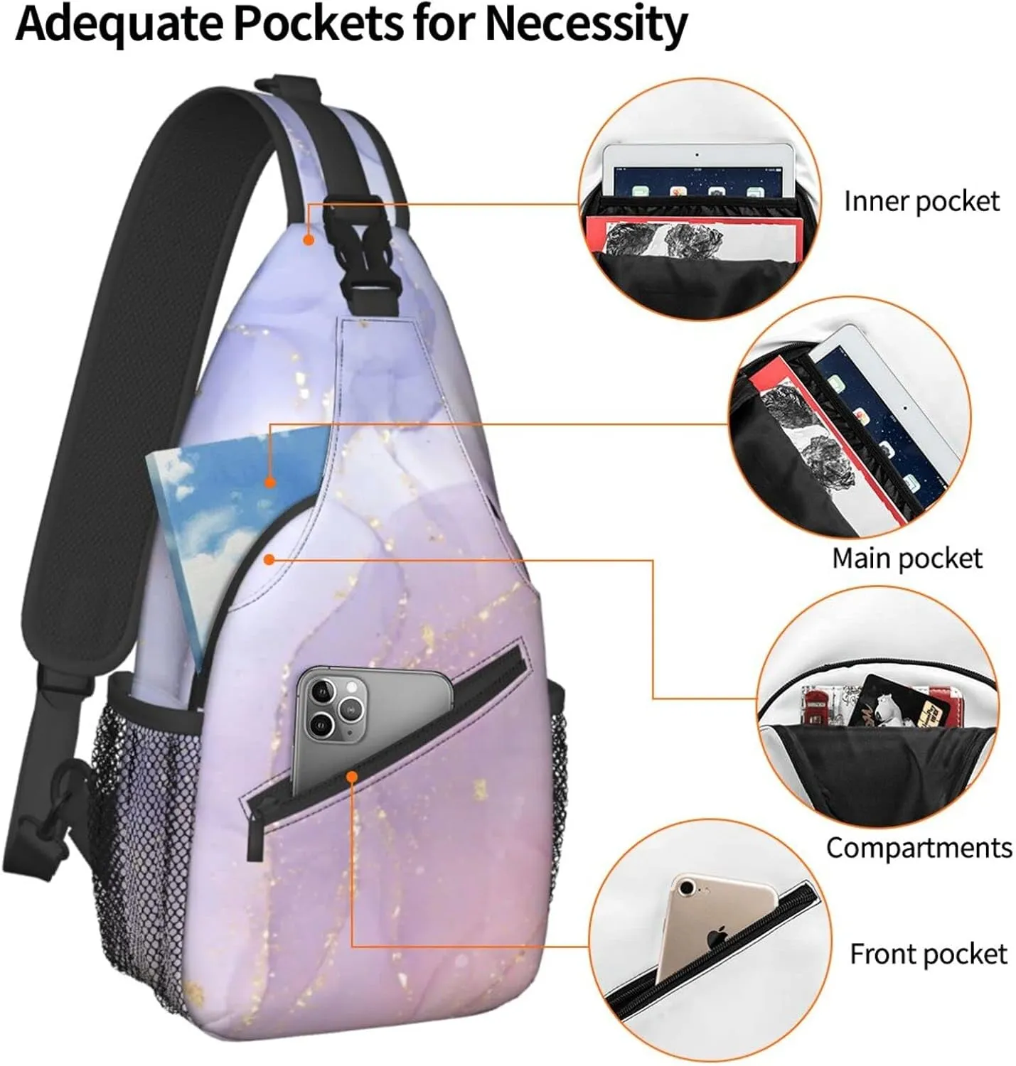 Pink Marble Sling Bag Unisex Crossbody Backpack Travel Hiking Casual Chest Bags Lightweight Fashion Chest Daypack