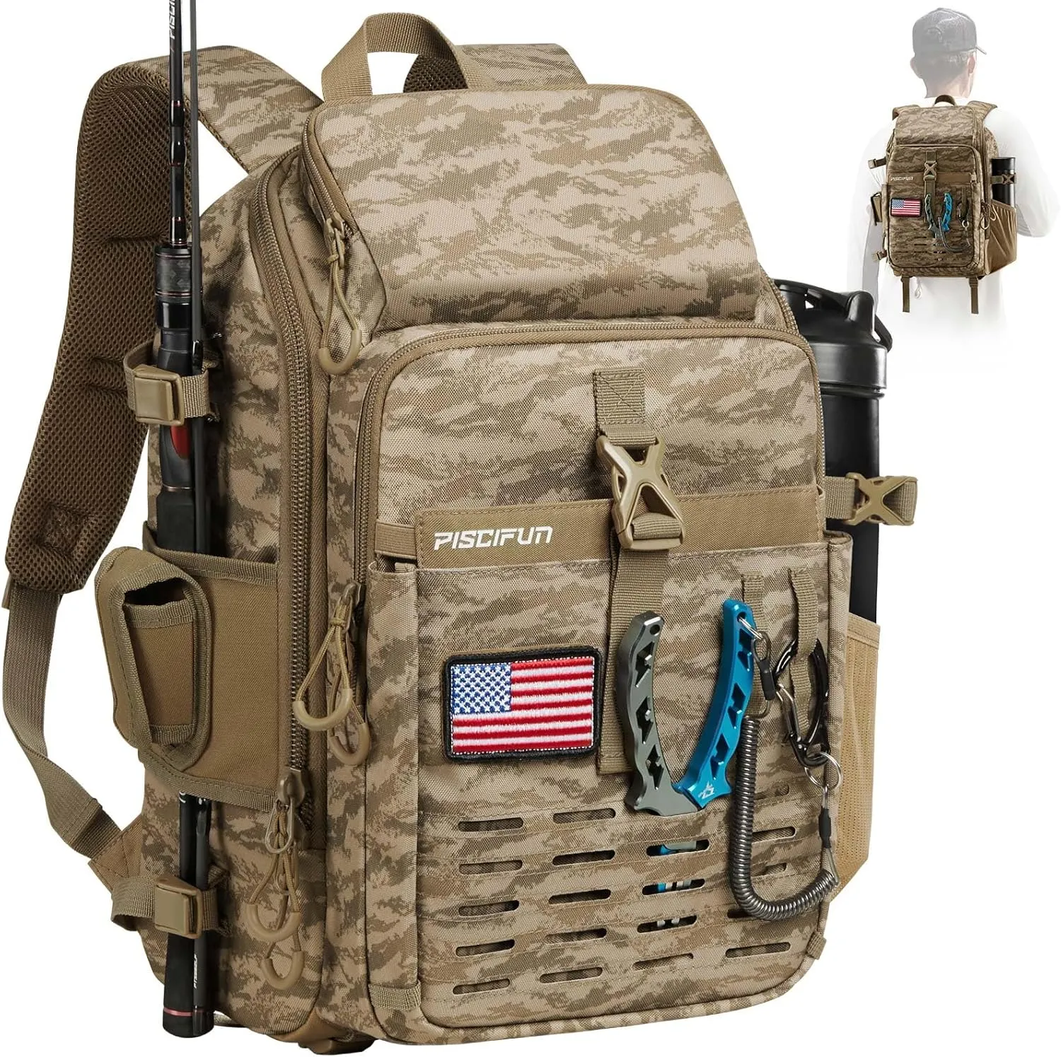 Piscifun Fishing Tackle Backpack with Rod & Gear Holder, Lightweight Fishing Tackle Storage Bag with Protective Rain Cover
