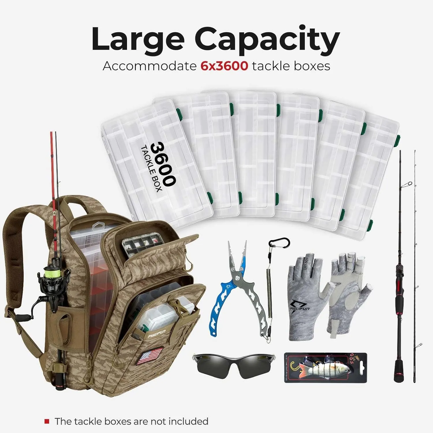 Piscifun Fishing Tackle Backpack with Rod & Gear Holder, Lightweight Fishing Tackle Storage Bag with Protective Rain Cover